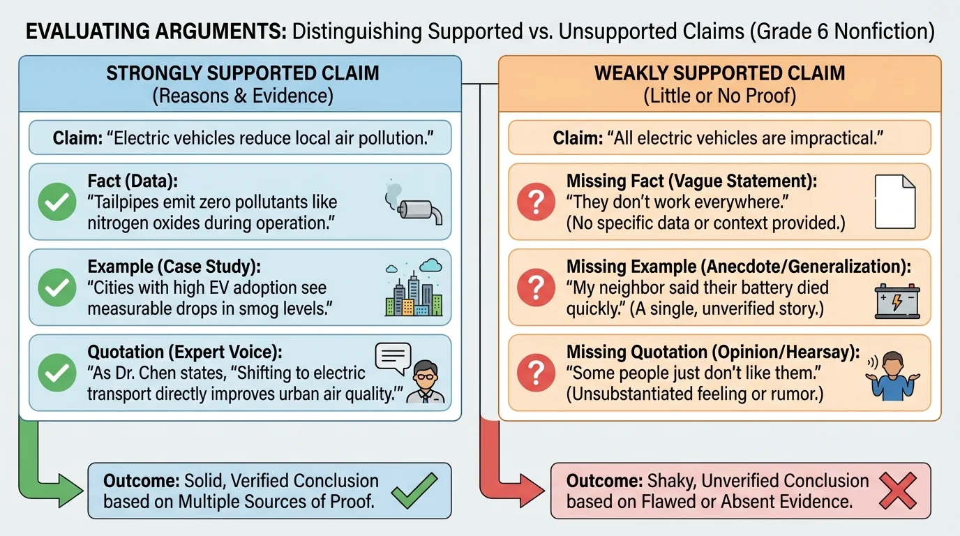 Two-column chart comparing a claim with facts, examples, and quotations on one side and a weak claim with little or no proof on the other