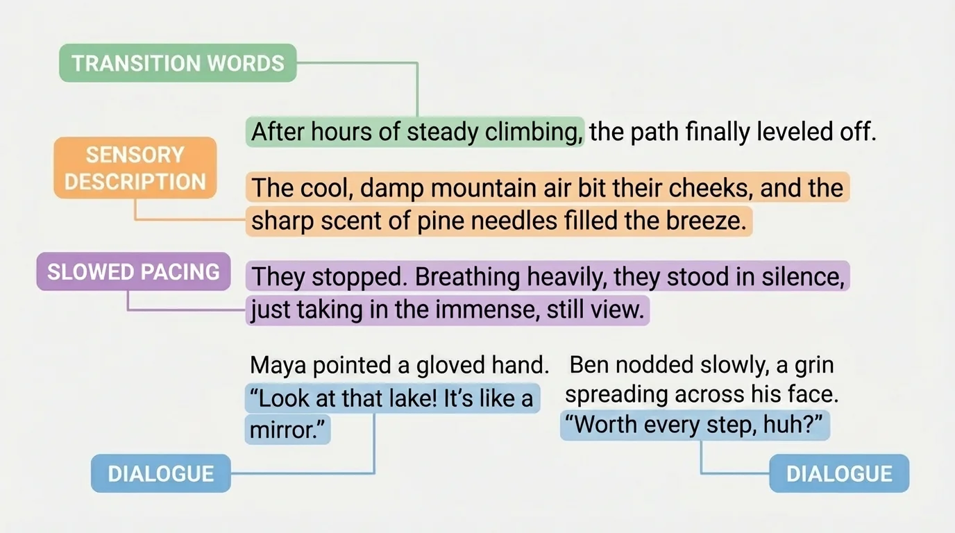 Short narrative scene annotated with color-coded labels for dialogue, sensory description, slowed pacing, and transition words