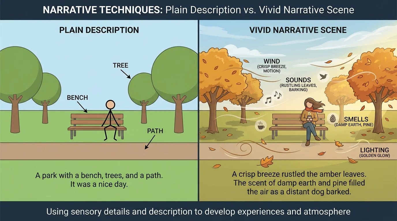 Side-by-side view of a plain park description versus a vivid park scene with wind, leaves, sounds, and smells