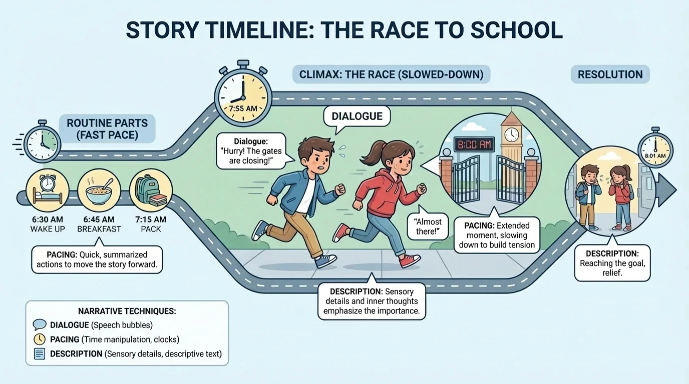 Story timeline with a race to school scene, highlighting quickly summarized routine parts and a slowed-down important climax