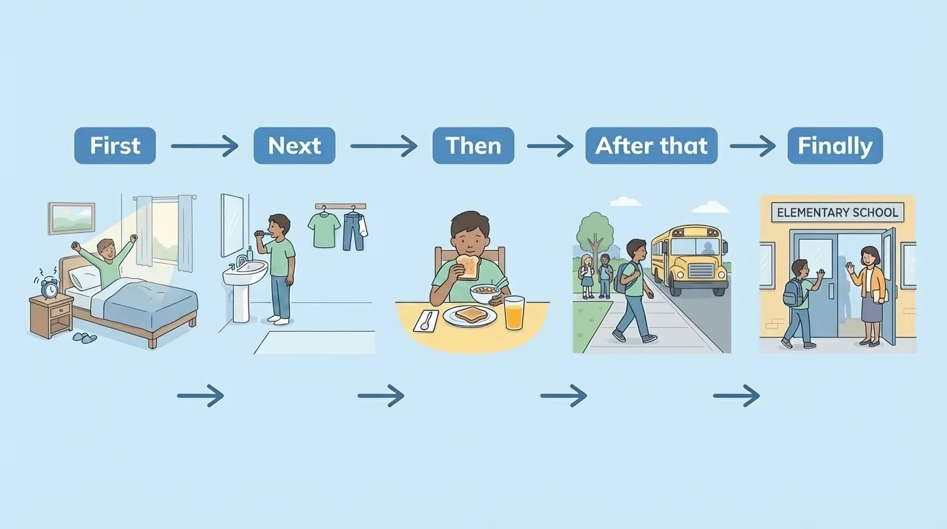 flowchart of a student's morning from waking up to arriving at school, with arrows and labels first, next, then, after that, finally
