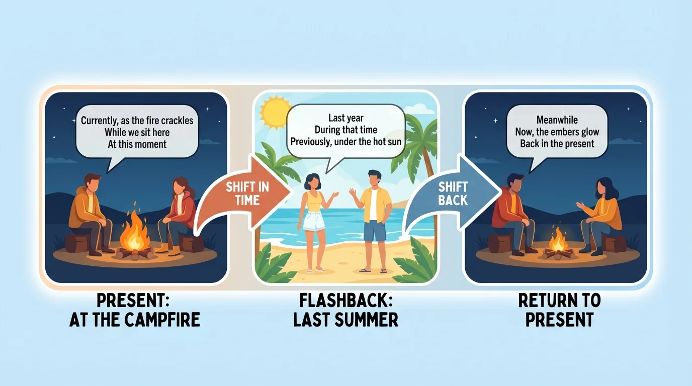 timeline with three labeled parts: present at campfire, flashback to last summer, return to present, with arrows showing the shift