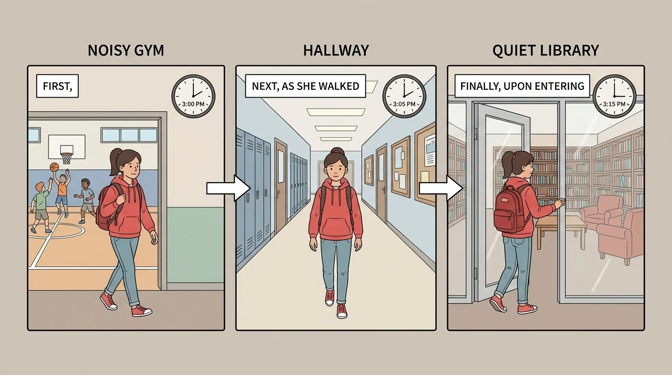 illustration of a girl leaving a noisy gym, walking through a hallway, and entering a quiet library, with labels for each setting