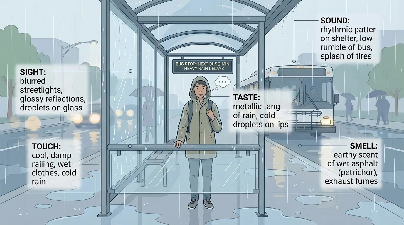 student standing at a rainy bus stop with labels for sight, sound, smell, touch, and taste details