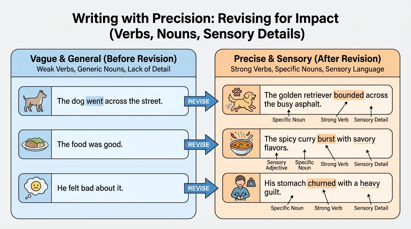 side-by-side chart showing vague sentence revised with stronger verbs, nouns, and sensory details