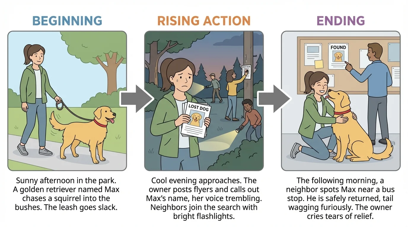 three-panel flow of a lost-dog search story labeled beginning, rising action, ending with transition arrows