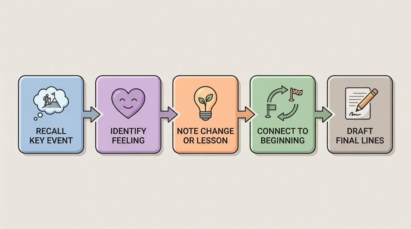 step-by-step boxes labeled recall key event, identify feeling, note change or lesson, connect to beginning, draft final lines