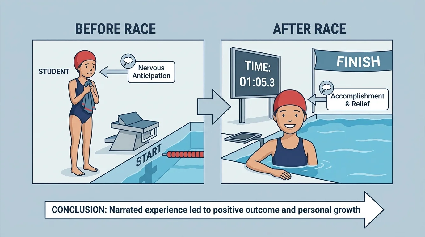 student at a swim meet first holding a towel nervously near the pool and later smiling beside the pool after finishing the race