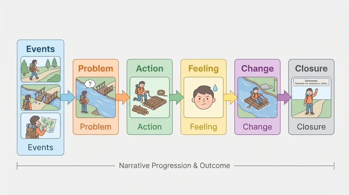 story events leading to a problem, character response, and conclusion with boxes labeled events, problem, action, feeling, change, closure