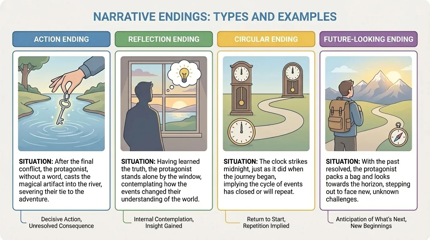 comparison chart with four columns for action ending, reflection ending, circular ending, and future-looking ending, each paired with a short story situation