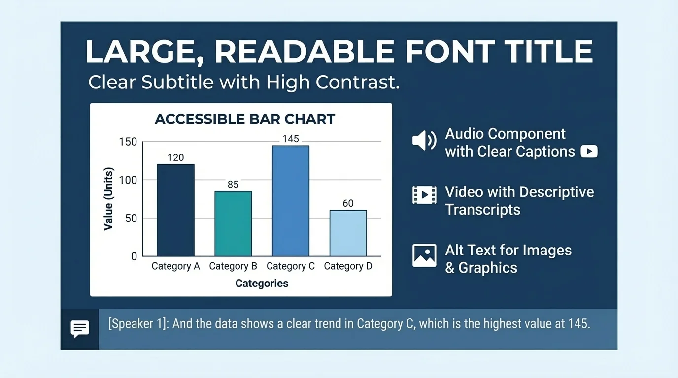presentation screen showing accessibility features such as large font, high color contrast, captions on audio, and clearly labeled chart elements