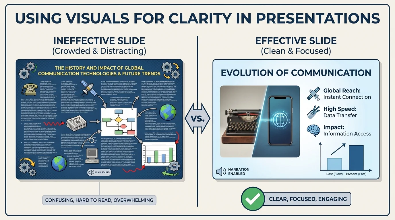 side-by-side comparison of a crowded presentation slide with tiny text and many distracting elements versus a clean slide with a title, one image, and short bullet points