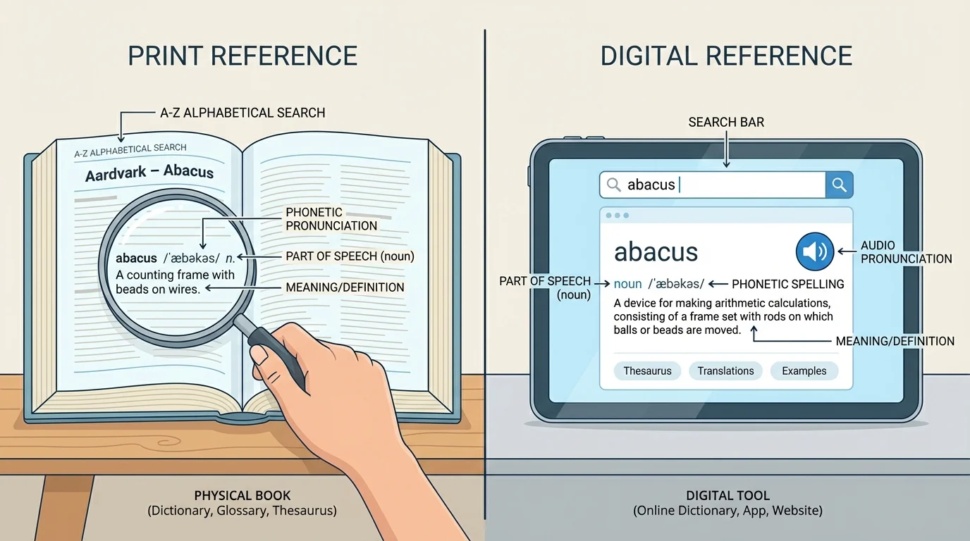 Side-by-side comparison of print and digital word-reference tools highlighting alphabetical search, search bar, and audio pronunciation