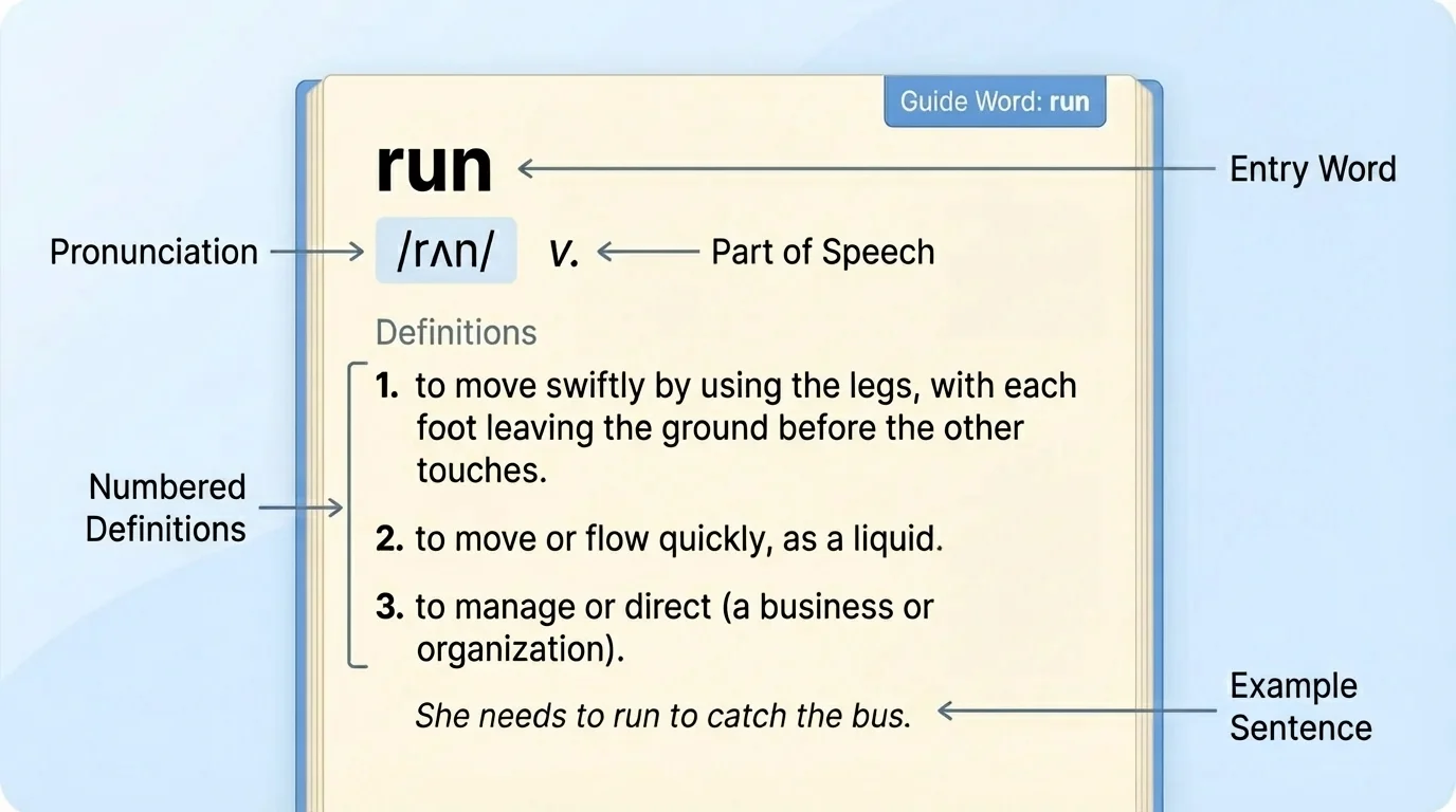 Labeled sample dictionary entry showing guide word, pronunciation, part of speech, numbered definitions, and example sentence