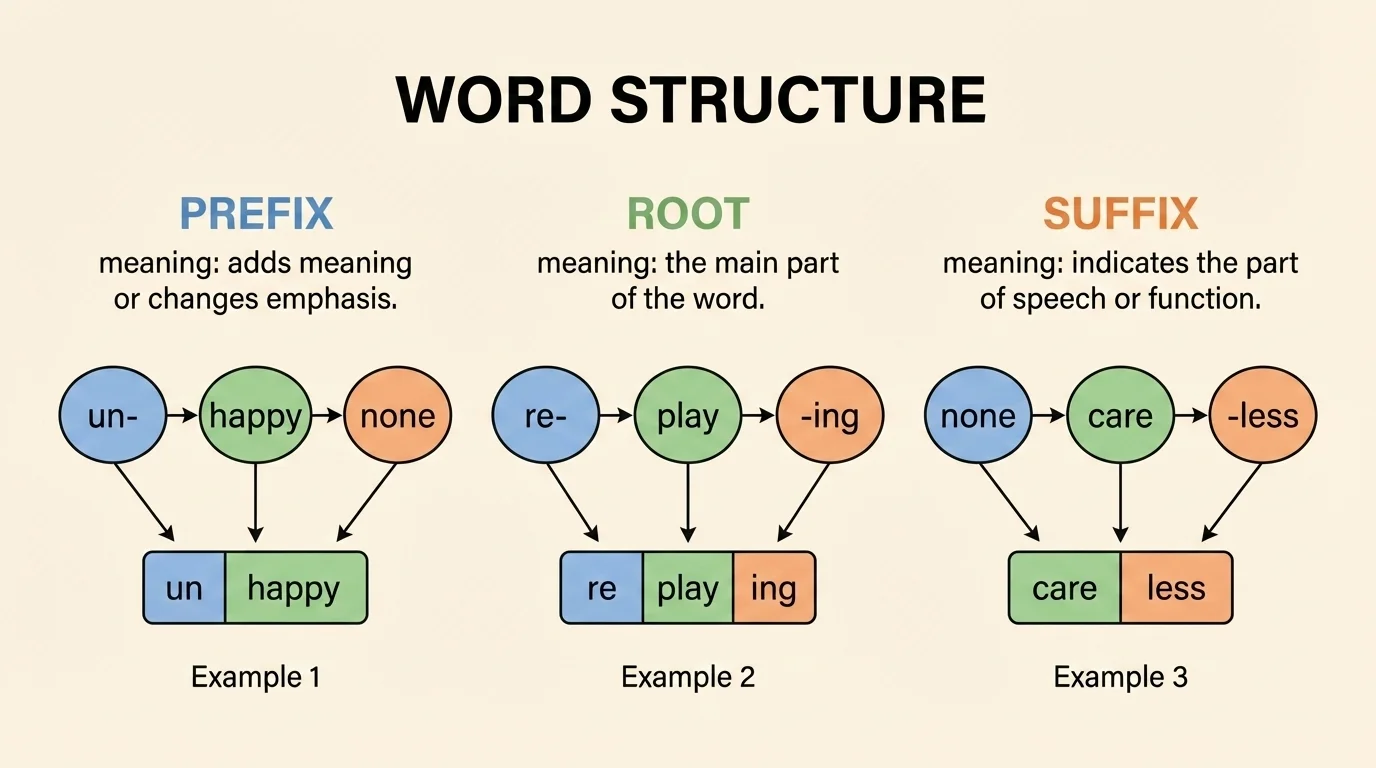 chart showing words broken into prefix, root, and suffix with examples unhappy, replaying, and careless labeled by word parts
