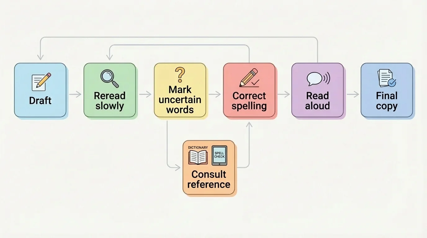 flowchart showing writing process steps draft, reread slowly, mark uncertain words, consult reference, correct spelling, read aloud, final copy