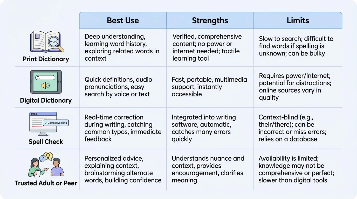 comparison chart of print dictionary, digital dictionary, spell check, and trusted adult or peer with columns for best use, strengths, and limits