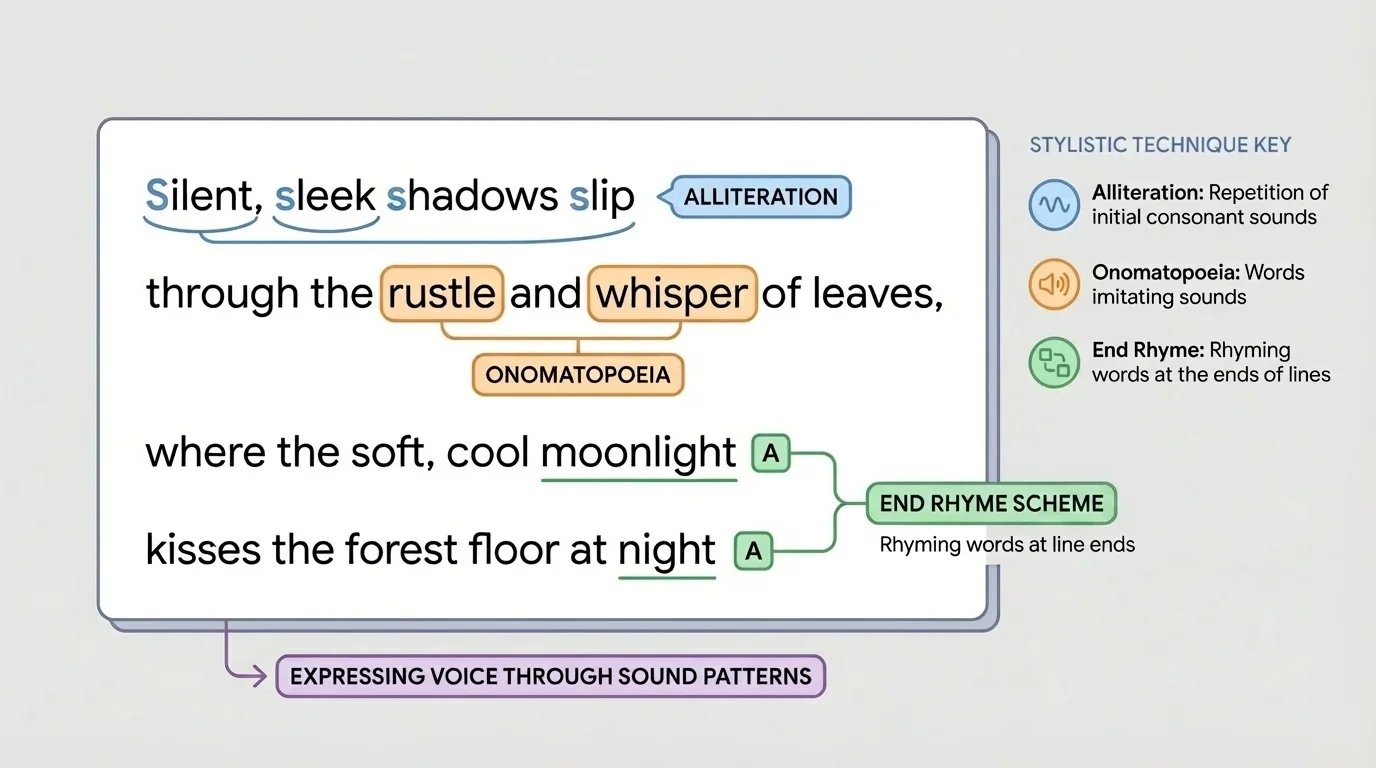 Annotated lines highlighting alliteration, onomatopoeia, and end rhyme with color-coded sound patterns