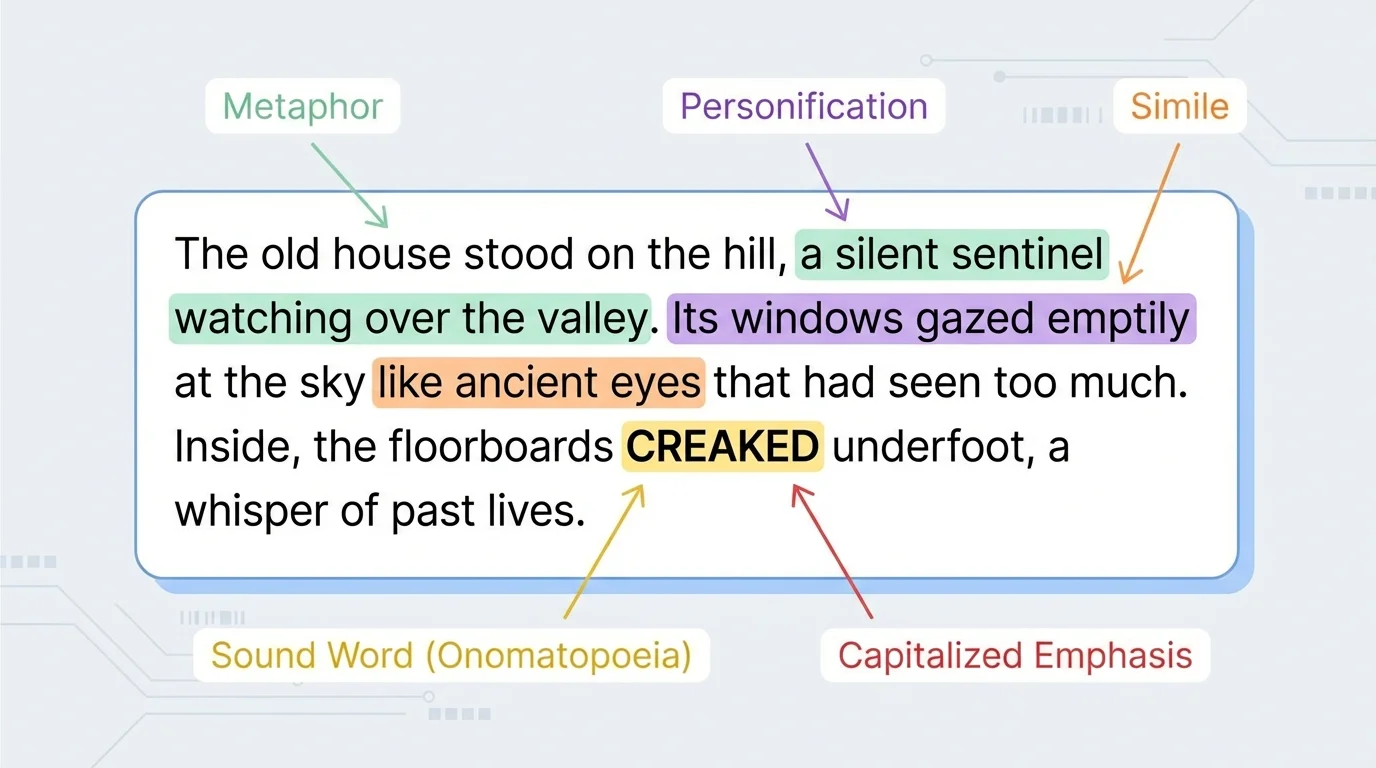 Annotated narrative paragraph with labels pointing to simile, metaphor, personification, sound word, and capitalized emphasis