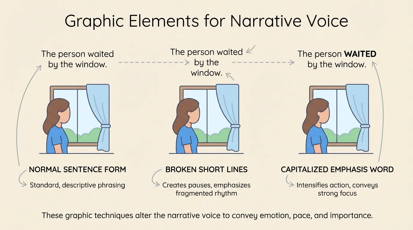 Same short scene arranged three ways to show normal sentence form, broken short lines, and a capitalized emphasis word