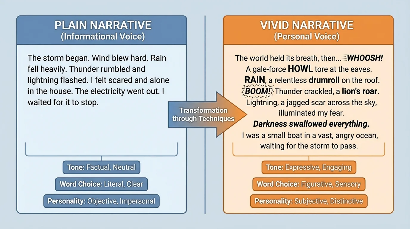Two short narrative excerpts side by side, one plain and one vivid, with labels showing tone, word choice, and personality