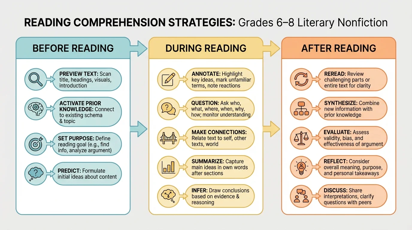 flowchart of before reading, during reading, and after reading strategies such as preview, annotate, question, summarize, and reread