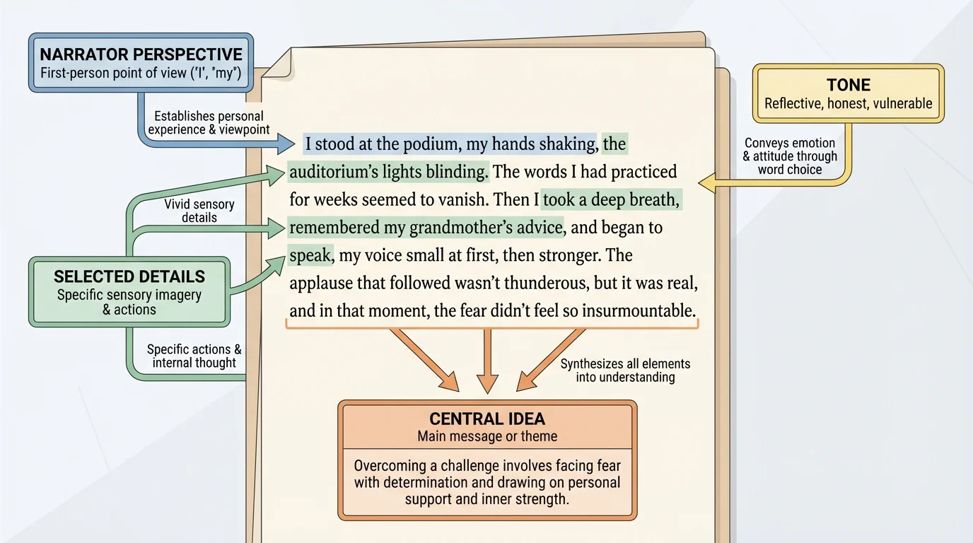 diagram of a memoir page with labeled links between narrator perspective, selected details, tone, and central idea