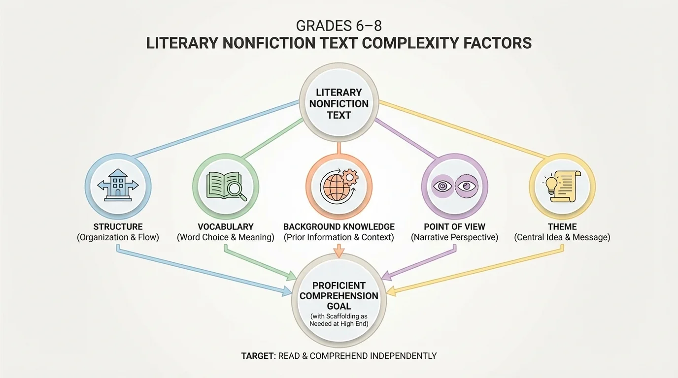 diagram showing text complexity factors including structure, vocabulary, background knowledge, point of view, and theme