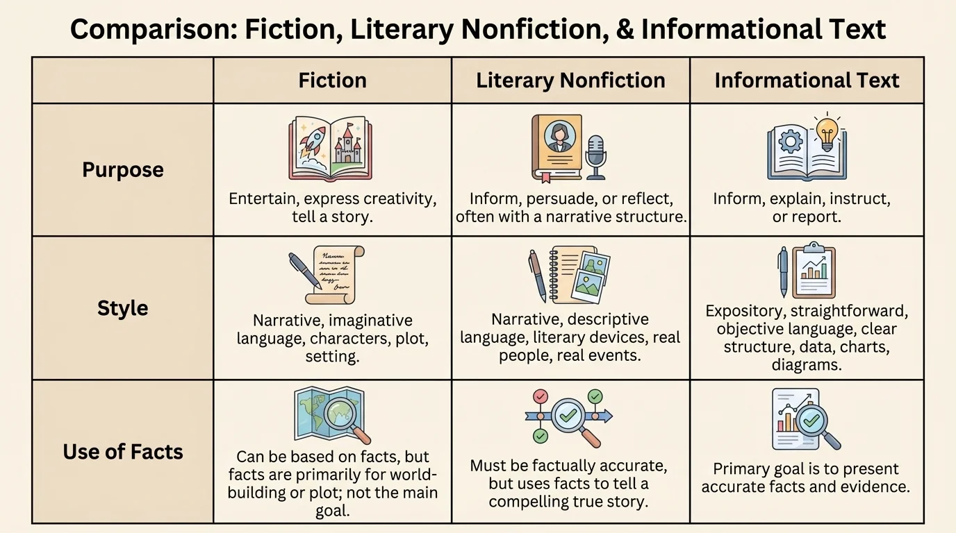 chart comparing fiction, literary nonfiction, and informational text by purpose, style, and use of facts