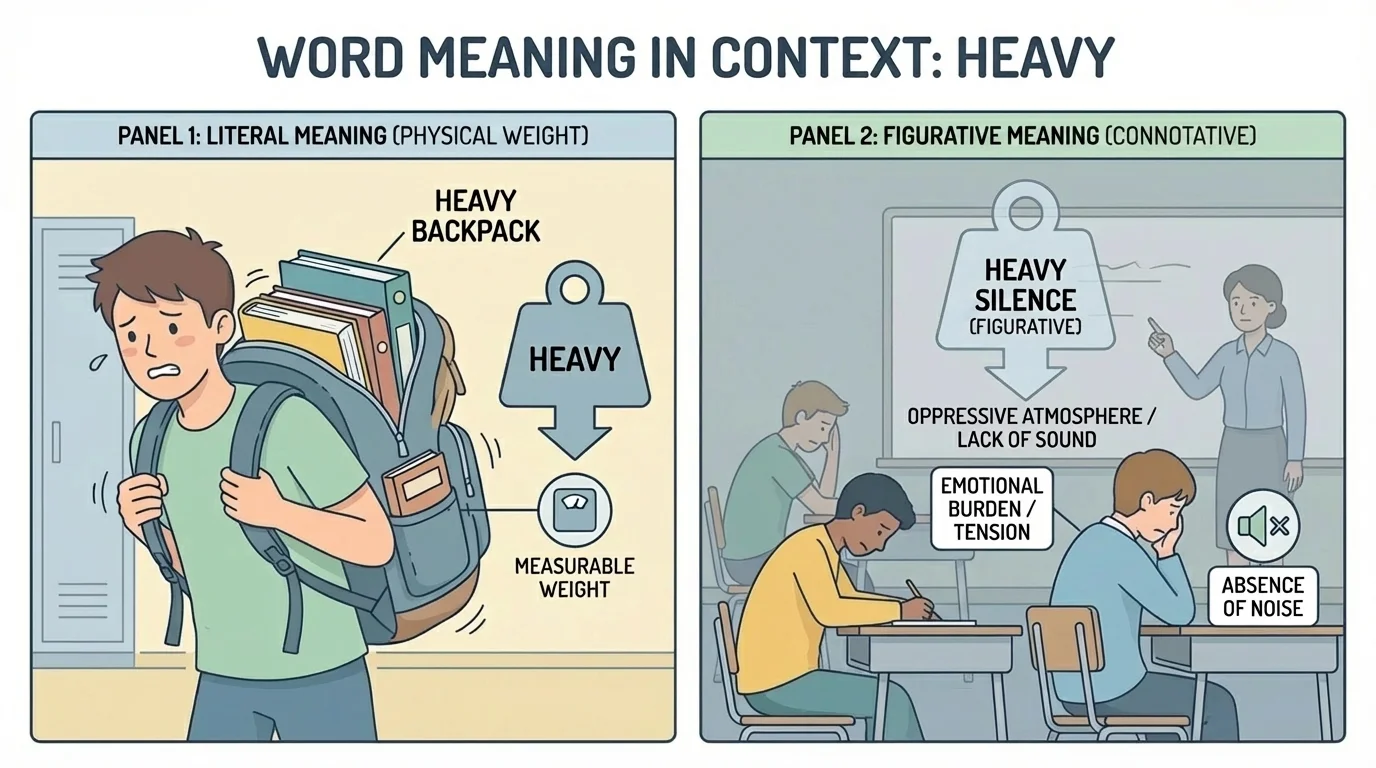 Two-panel illustration showing a student carrying a heavy backpack in one panel and a quiet tense classroom scene labeled with heavy silence in the other panel