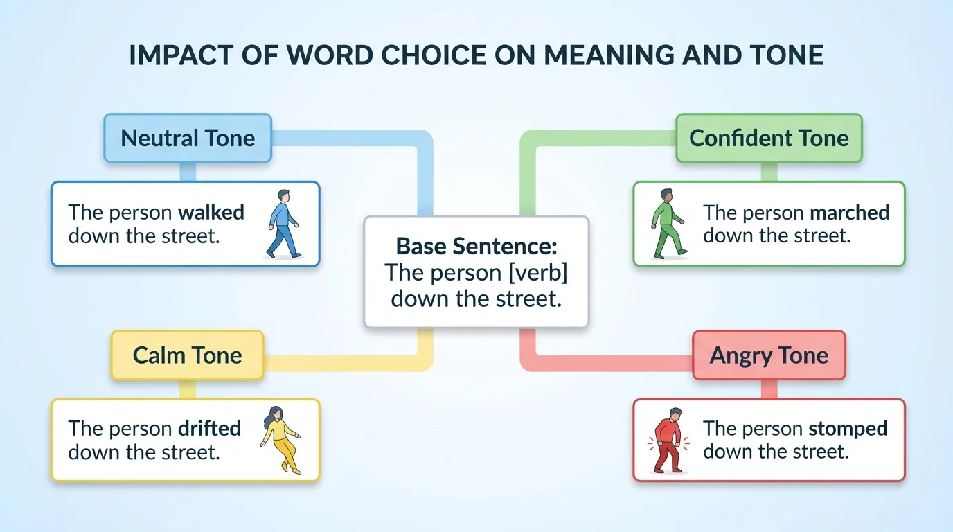 One base sentence branching into four versions using the verbs walked, marched, drifted, and stomped, each branch labeled with a different tone such as neutral, confident, calm, or angry