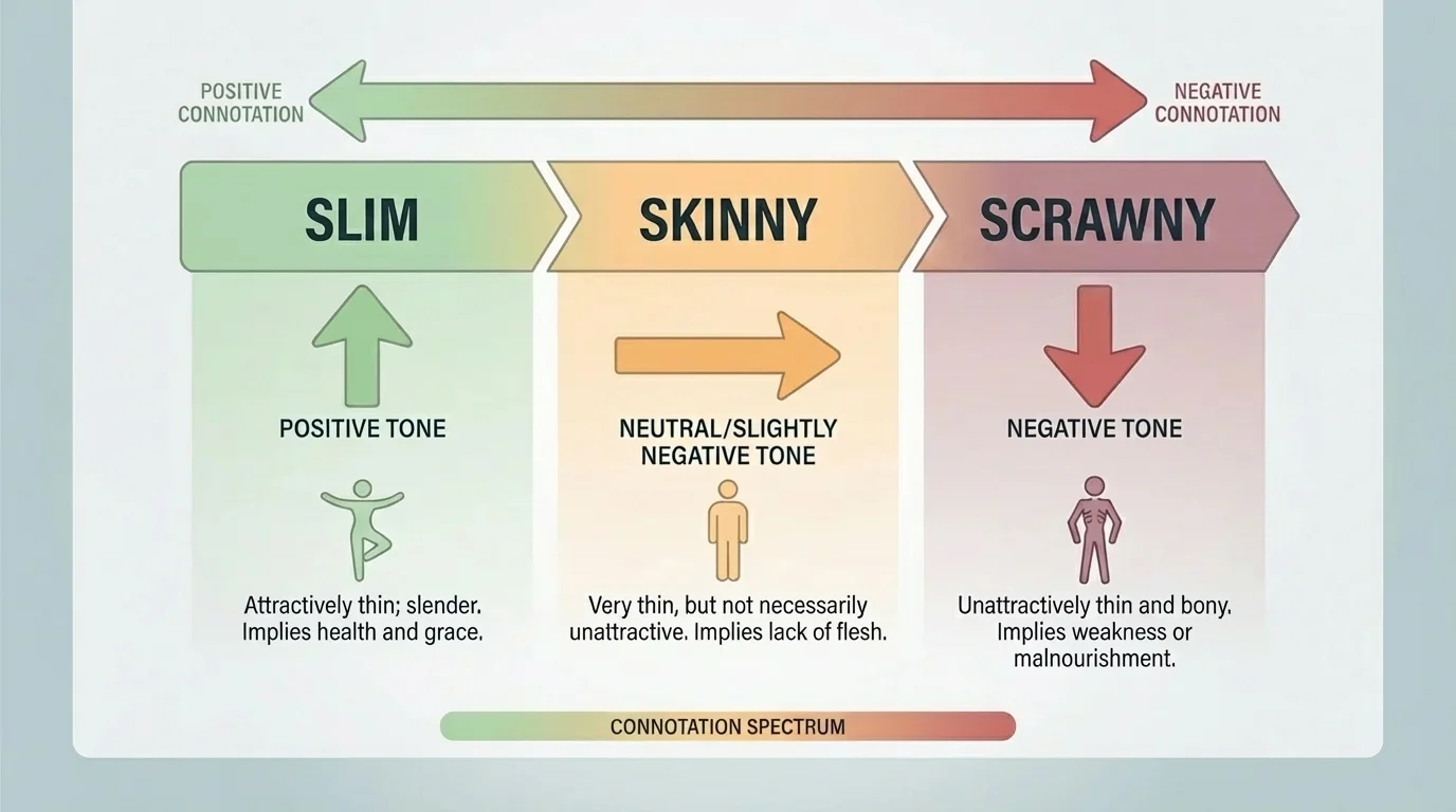 Comparison chart with the words slim, skinny, and scrawny arranged from positive to negative connotation, with simple tone arrows and color shading