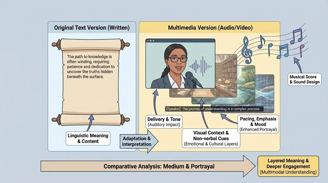 multimedia screen showing speaker face, background images, subtitle bar, and music notes to represent layered meaning