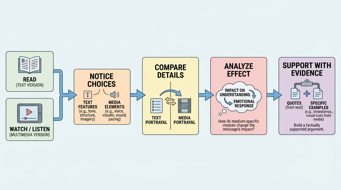 flowchart with steps read or watch, notice choices, compare details, analyze effect, support with evidence