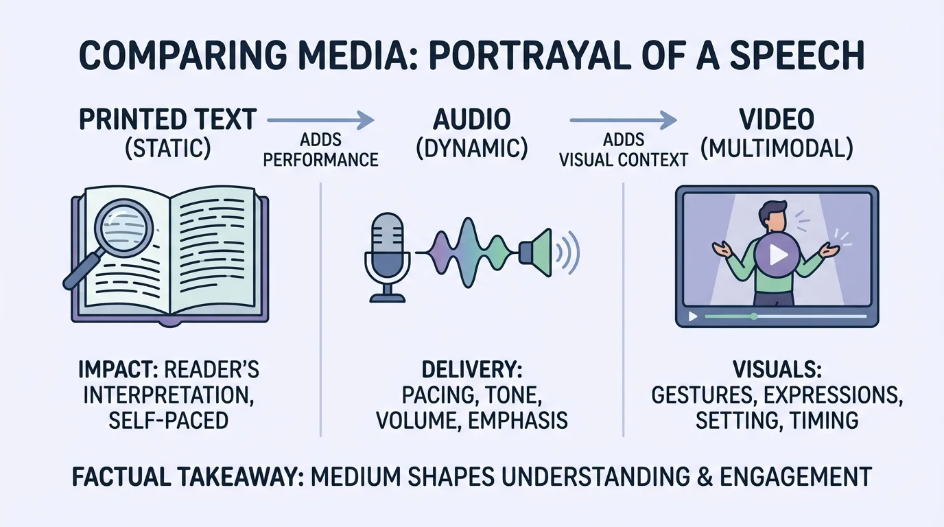 comparison chart showing a printed speech page, audio waveform with speaker icon, and video frame with speaker gestures, labeled with features like pacing, tone, and visuals