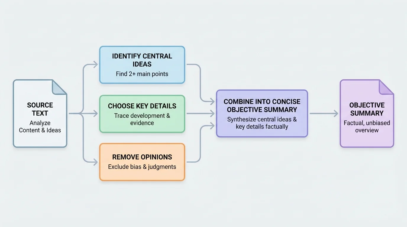 flowchart showing steps identify central ideas, choose key details, remove opinions, combine into concise objective summary