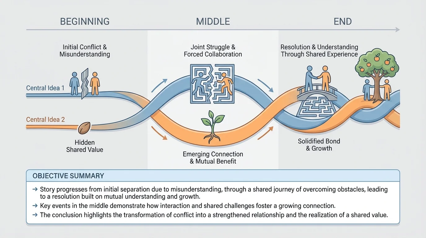 timeline of a short story with beginning, middle, and end events linked to two central ideas that grow over time