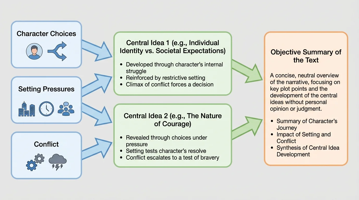 diagram linking character choices, setting pressures, and conflict to two central ideas in a short story