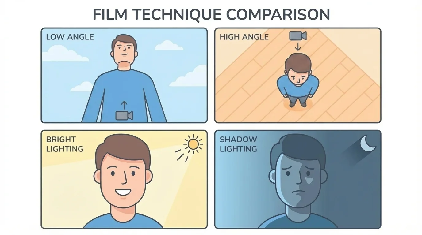 Film still comparison with low angle, high angle, bright lighting, and shadow lighting on one character's face