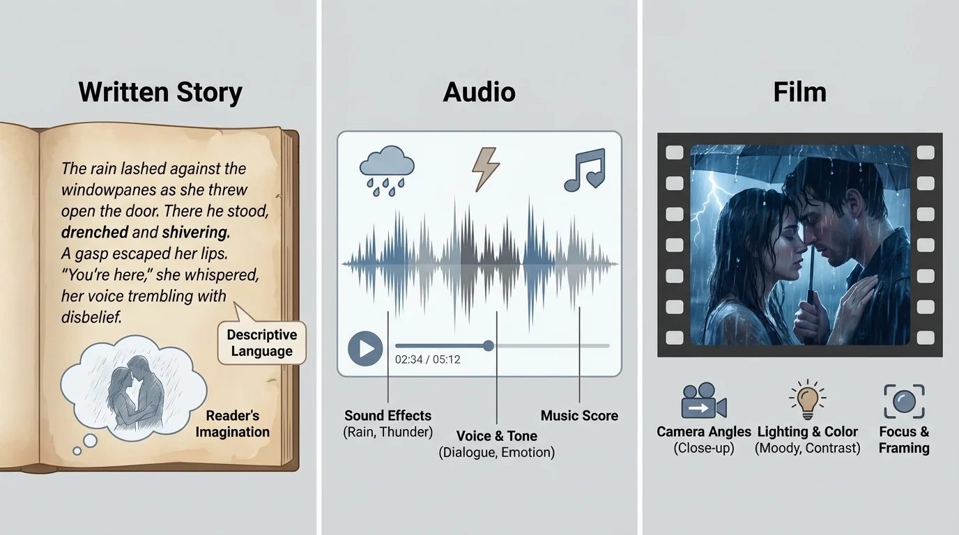 Three-panel illustration of a stormy reunion scene shown as a book page, audio waveform with sound icons, and film frame with rain and close-up