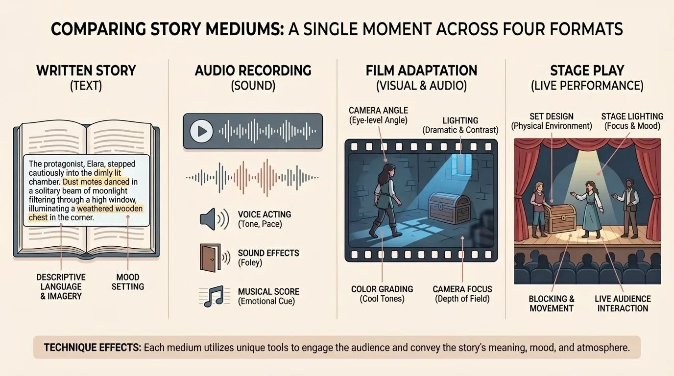 Comparison chart showing one story moment presented as text, audio, film, and stage with key techniques labeled