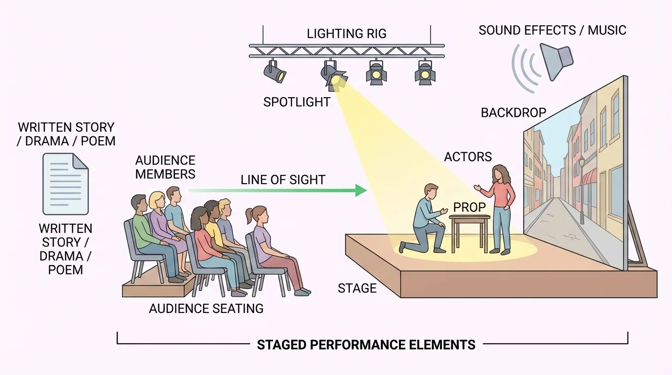 Simple theater stage diagram with actors' positions, spotlight, backdrop, props, and audience direction