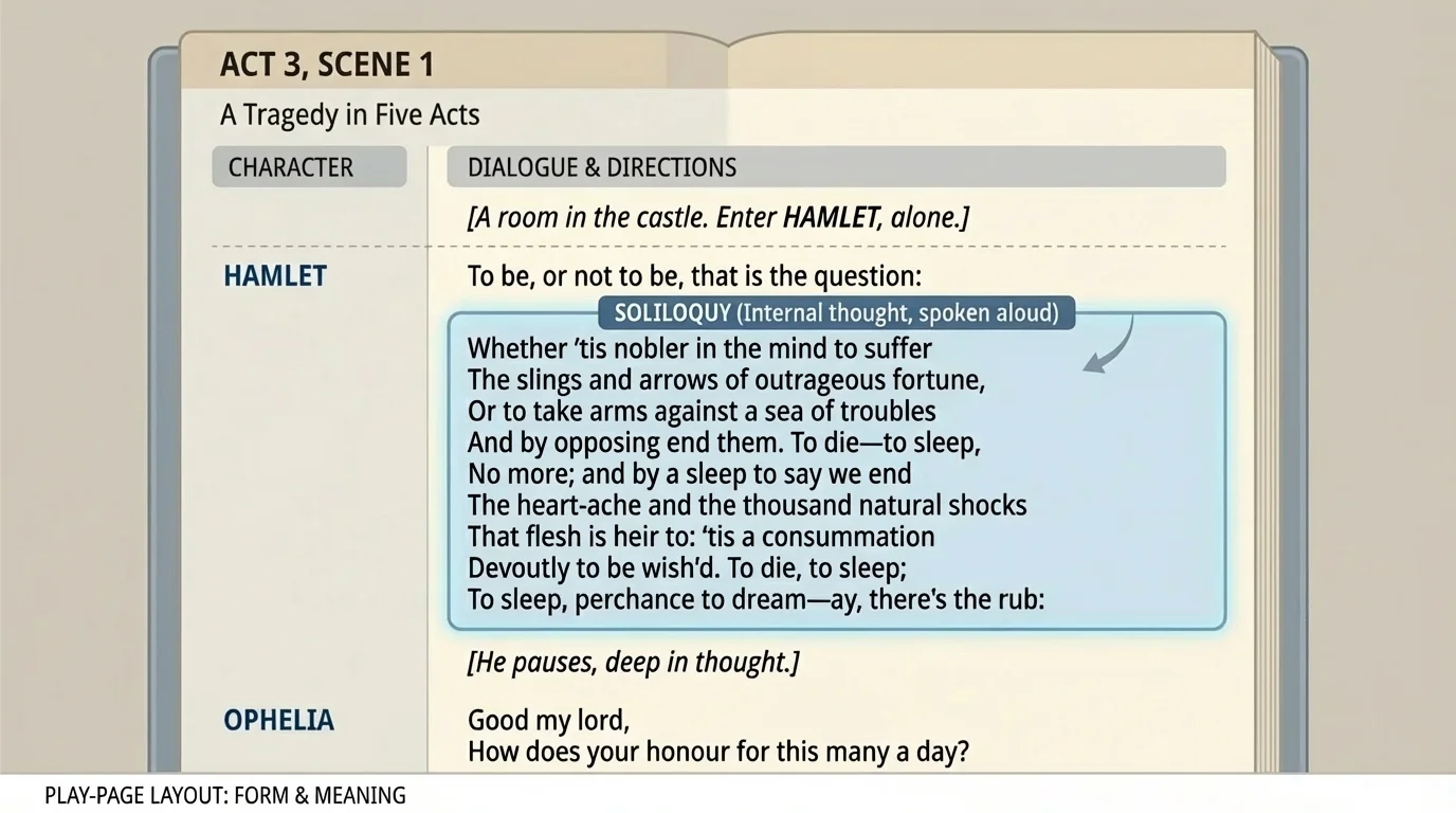 Labeled play-page layout showing act, scene, character names, dialogue lines, stage directions, and a highlighted soliloquy section