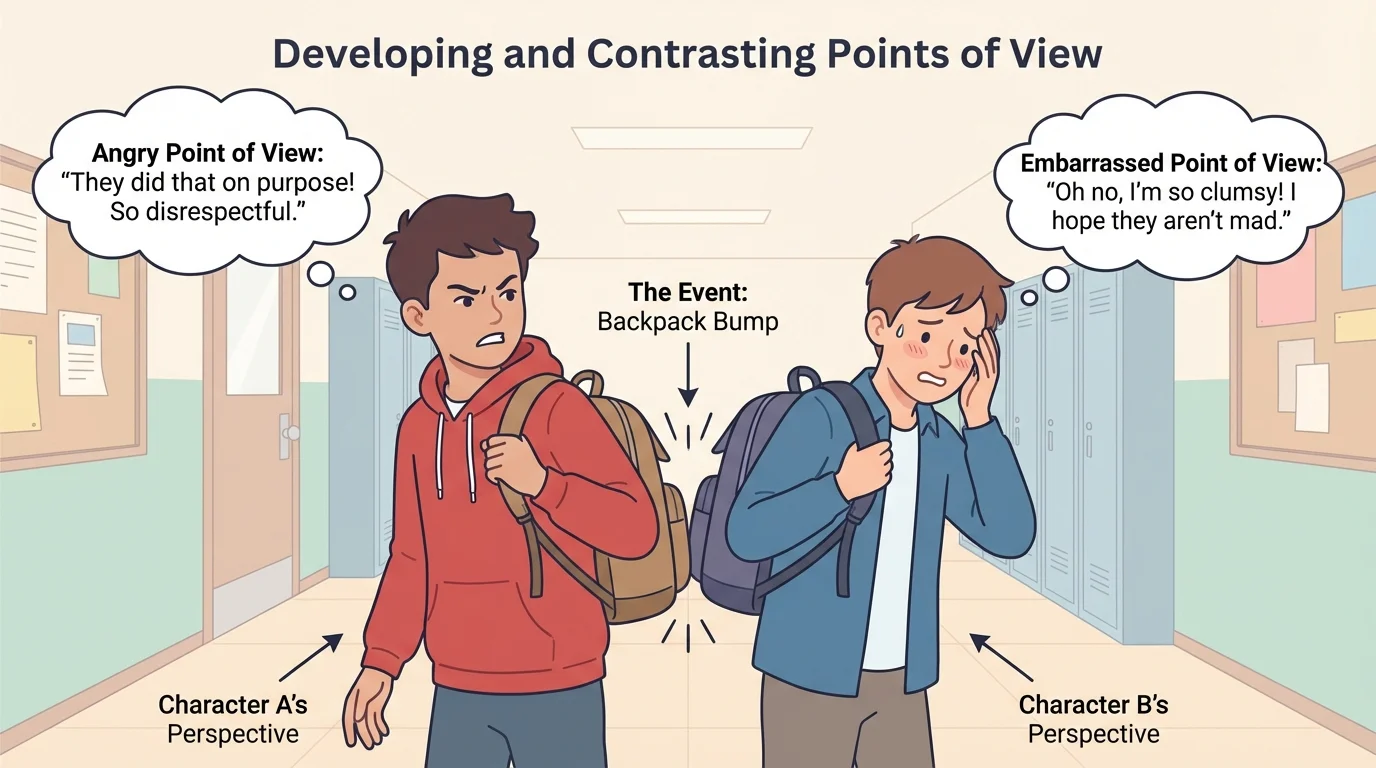 Two middle-school students in a hallway after one backpack bumps the other, one student looking angry and the other embarrassed, with short labels showing different interpretations of the same event