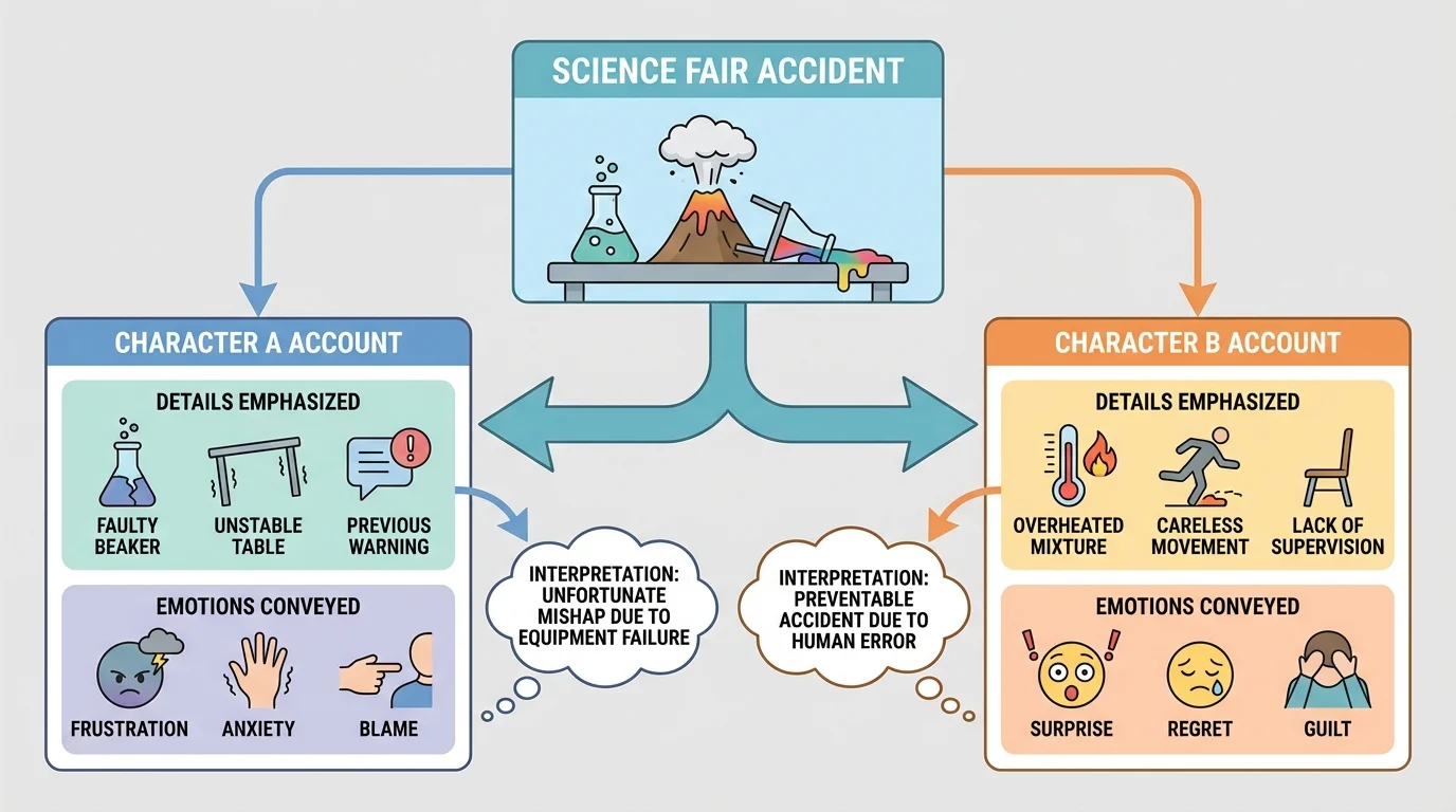 One event labeled 'science fair accident' splitting into Character A account and Character B account, each emphasizing different details and emotions