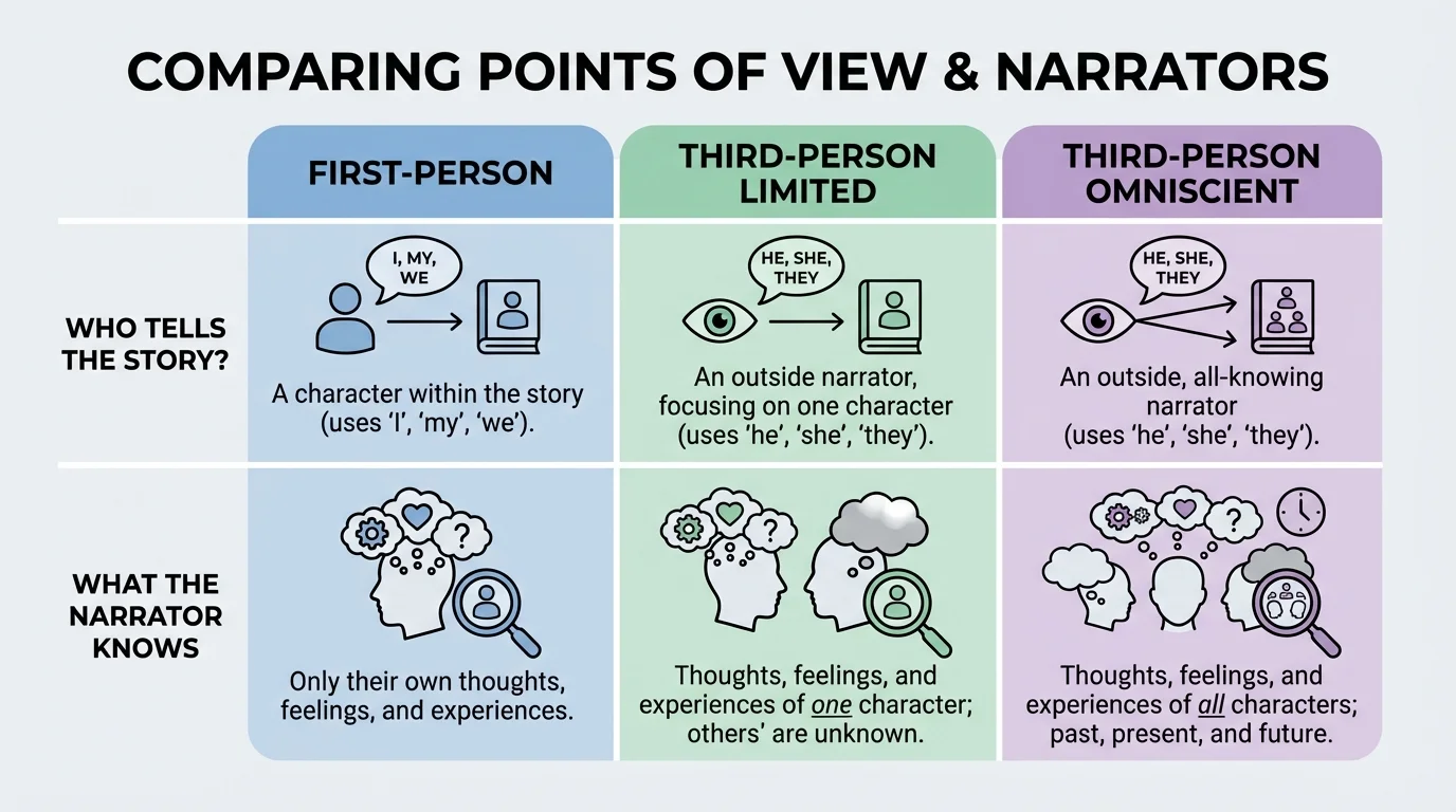 Three-column comparison chart for first-person, third-person limited, and third-person omniscient narration, showing who tells the story and what the narrator knows