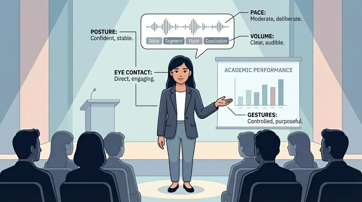 Student presenter standing upright, making eye contact, using open hand gestures, speaking to an audience, with labels for posture, eye contact, pace, and volume