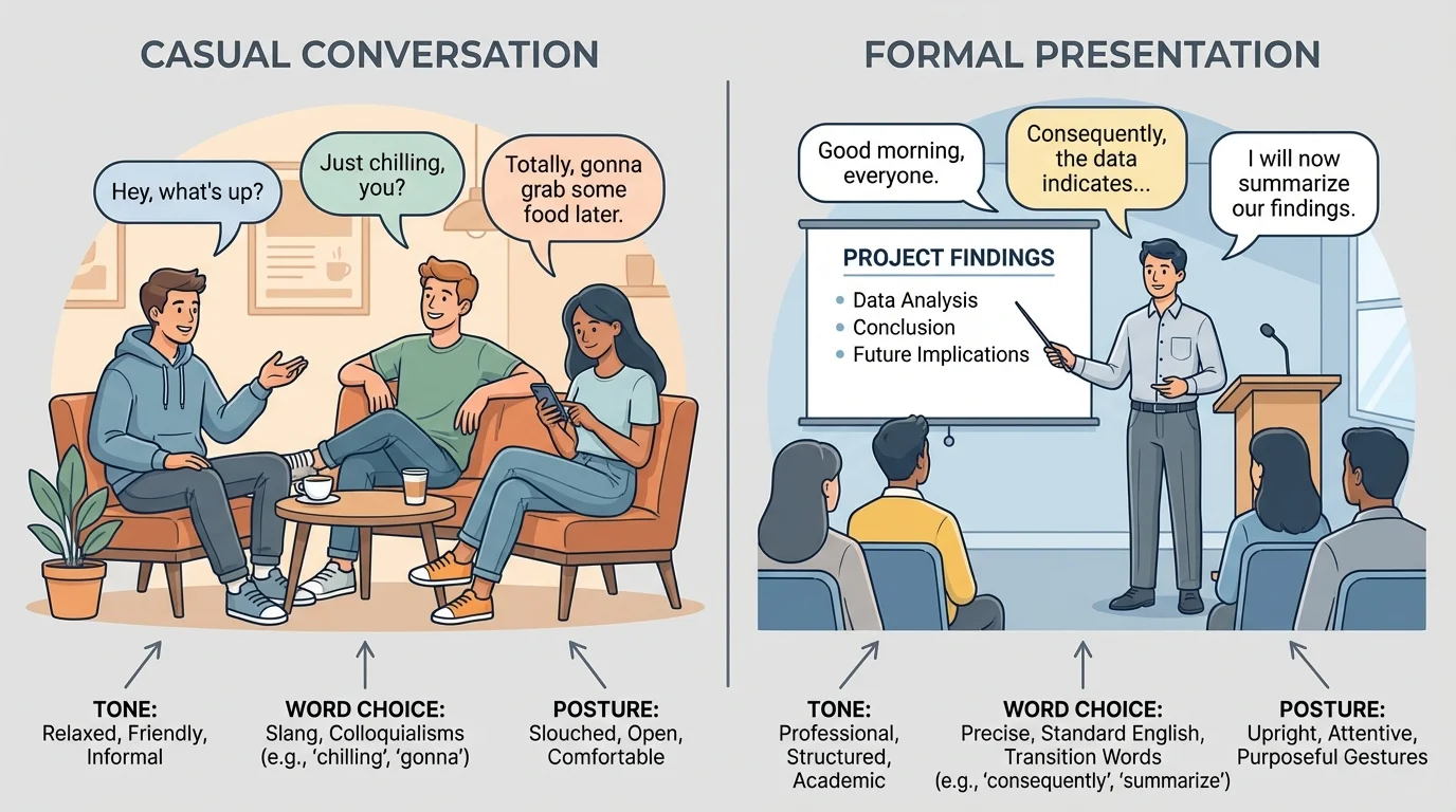 Two side-by-side speaking situations, one casual conversation with slang among friends and one student giving a formal presentation to class, with labels for tone, word choice, and posture