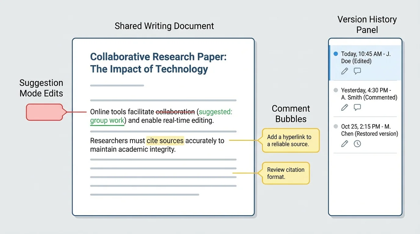 shared writing document with highlighted comment bubbles in the margin, suggestion mode edits in the text, and a version history panel on the side