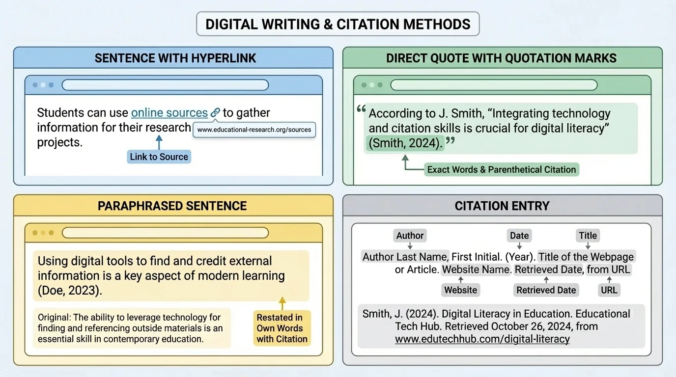 chart comparing a sentence with a hyperlink, a direct quote with quotation marks, a paraphrased sentence, and a citation entry listing author title website and date